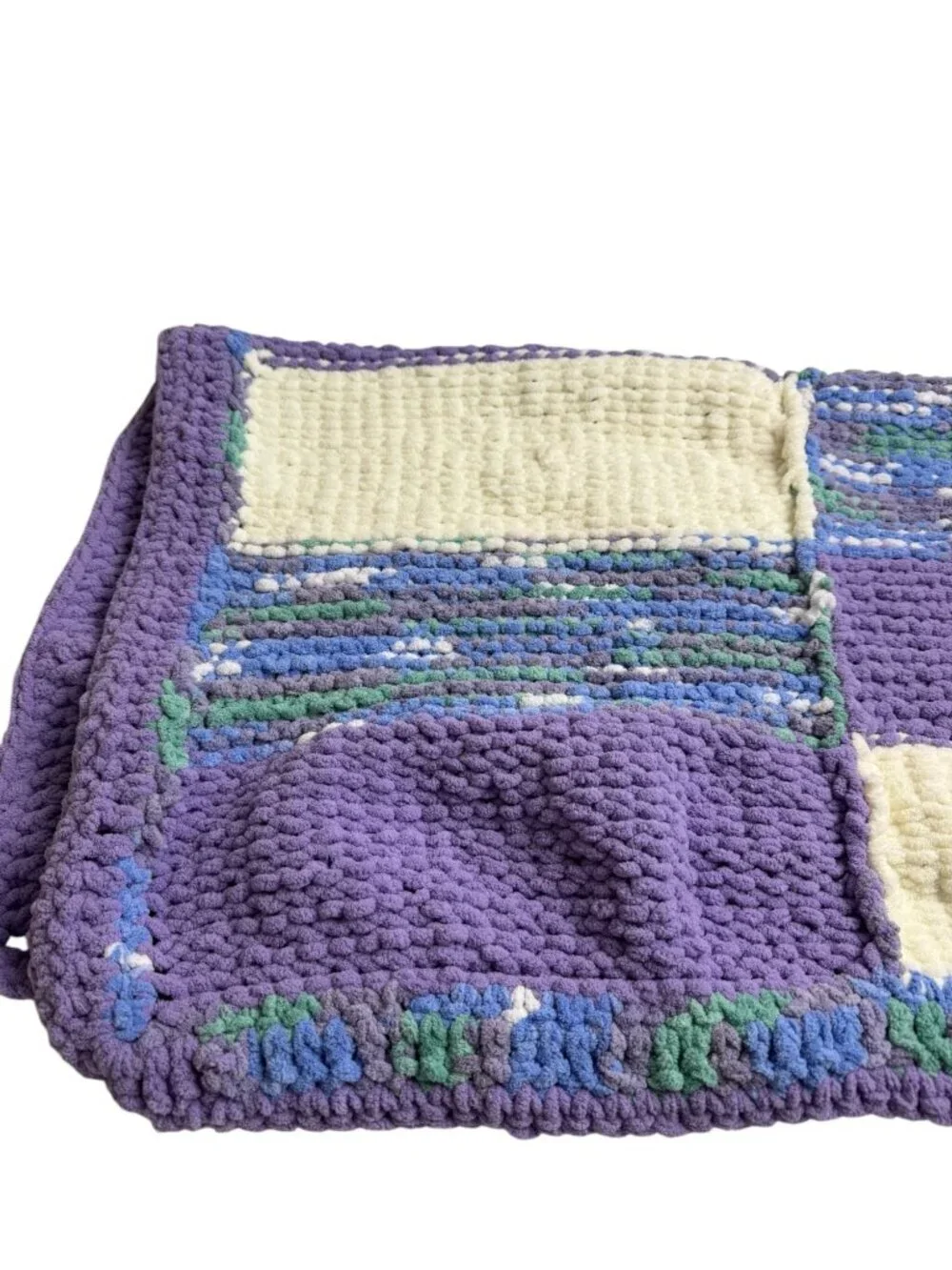 Handmade Chenille Lap Throw Purple White Blue Baby Blanket Patchwork So Soft